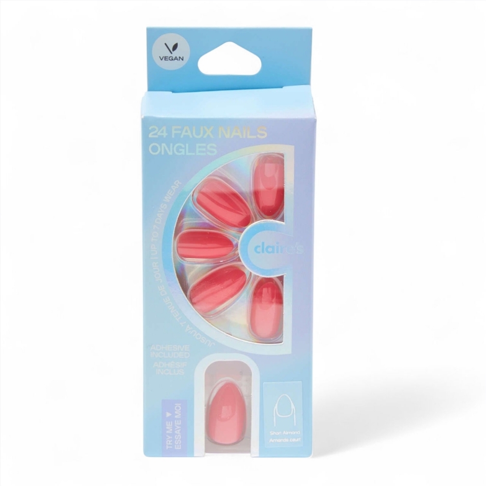 Claire’s Coral Pink Glossy Short Almond Vegan Faux Nail Set - 24 Pack